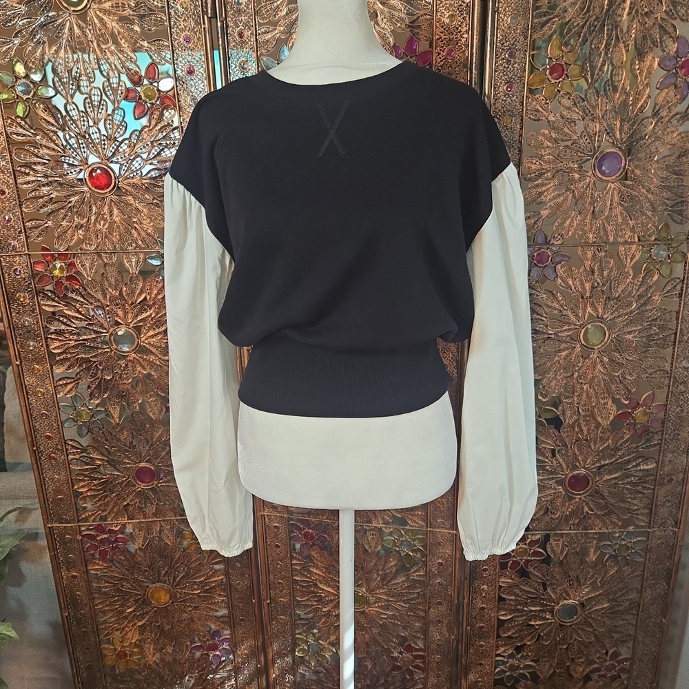 NWT Truth By Republic Balloon Sleeve Knit Sweater Black White Size Small Womens